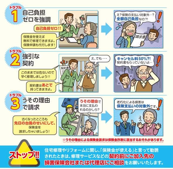悪徳業者の強引な契約によるトラブル|火災保険・助成金・補助金に関連する工事トラブル
